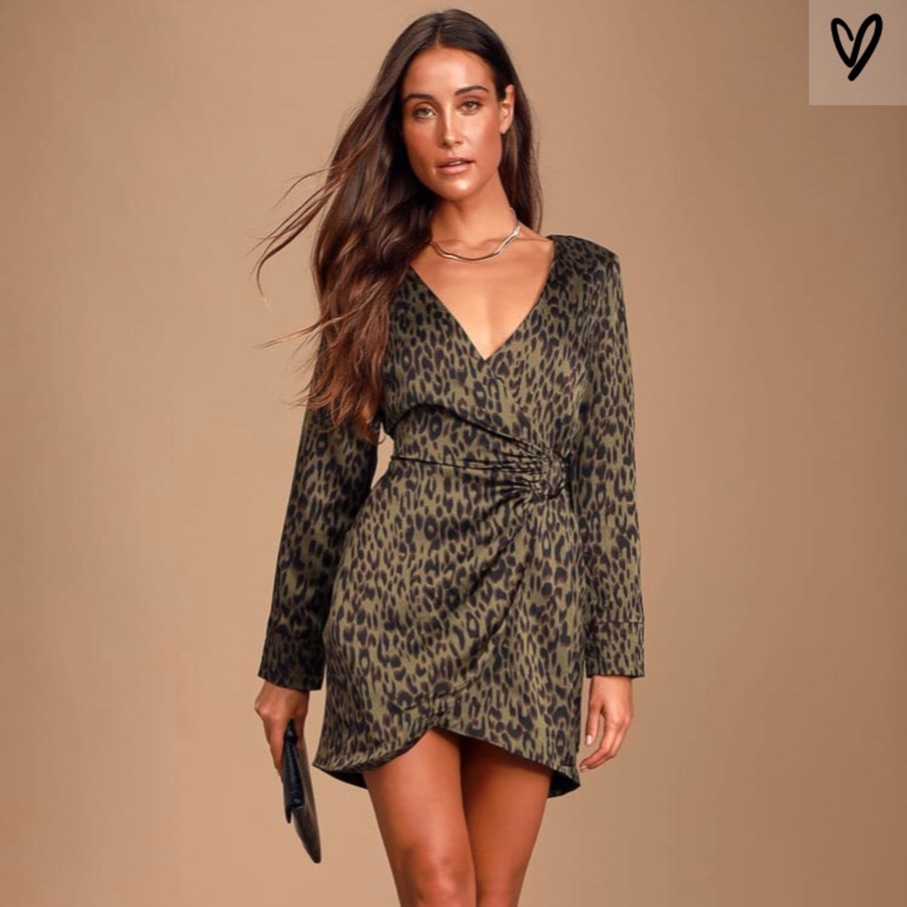 Dare You Olive Green Leopard Wrap Dress Lulus